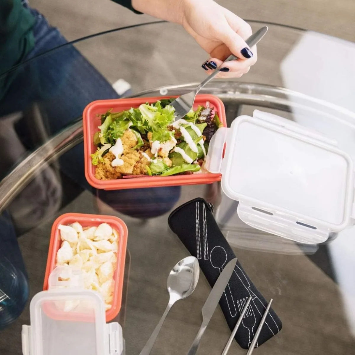 Travel Cutlery Box with Knife, Fork, Spoon, Chopsticks and Reusable Straw Set Suitable for Office, Travel or Camping Accessories