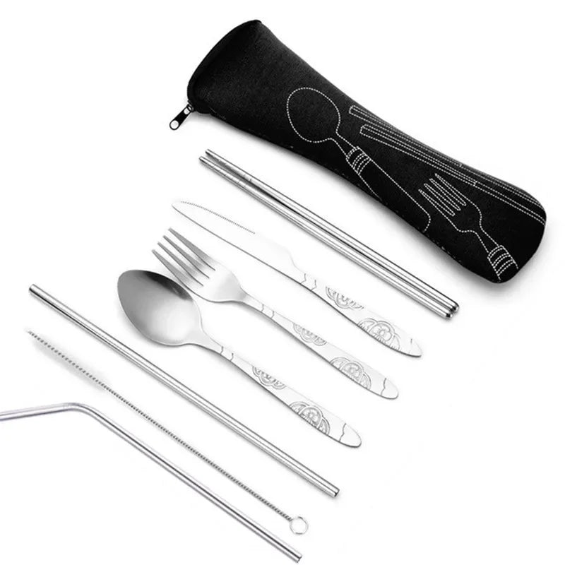 Travel Cutlery Box with Knife, Fork, Spoon, Chopsticks and Reusable Straw Set Suitable for Office, Travel or Camping Accessories