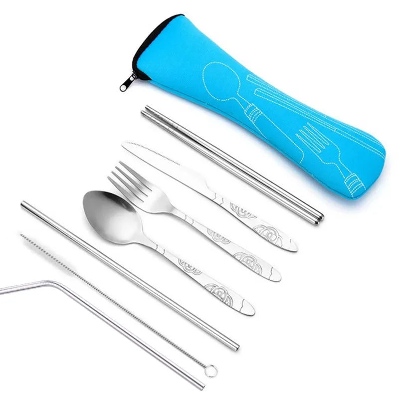 Travel Cutlery Box with Knife, Fork, Spoon, Chopsticks and Reusable Straw Set Suitable for Office, Travel or Camping Accessories