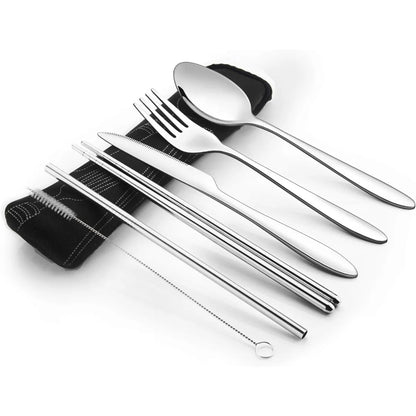 Travel Cutlery Box with Knife, Fork, Spoon, Chopsticks and Reusable Straw Set Suitable for Office, Travel or Camping Accessories