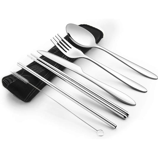 Travel Cutlery Box with Knife, Fork, Spoon, Chopsticks and Reusable Straw Set Suitable for Office, Travel or Camping Accessories