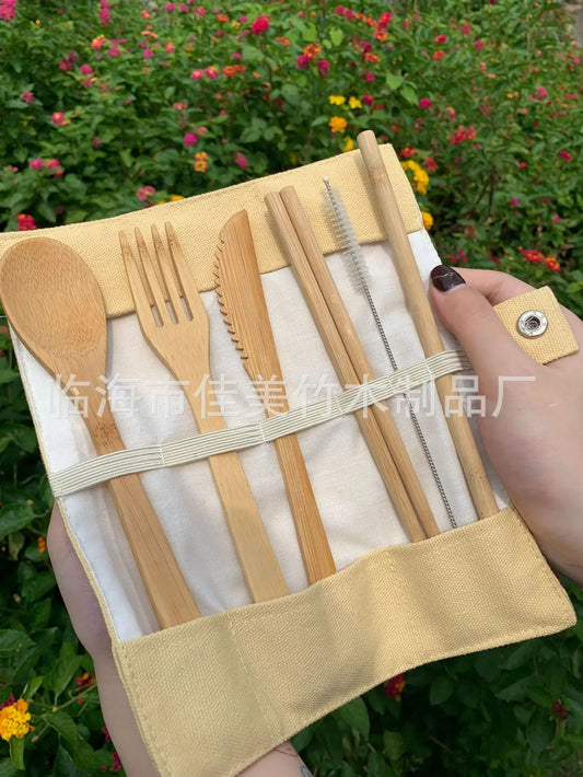 Bamboo Portable Cutlery Set - Wooden Spoon, Fork, Knife & Bag | Eco-Friendly Dining Utensils for Home & Outdoor Use