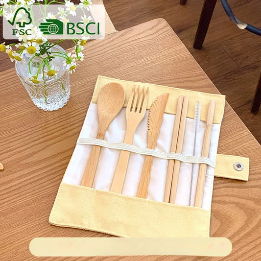 Bamboo Portable Cutlery Set - Wooden Spoon, Fork, Knife & Bag | Eco-Friendly Dining Utensils for Home & Outdoor Use
